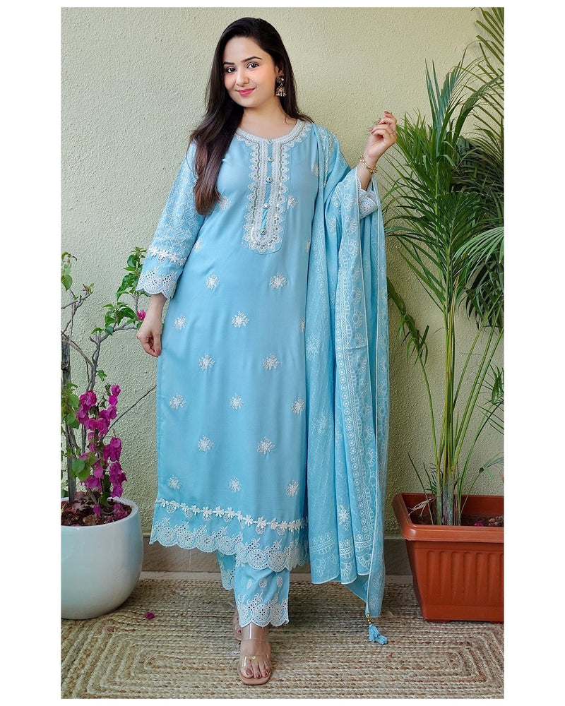Women's Auspicious Blue Plain Maska Cotton Salwar Suits With Organza  Dupatta – Kaleendi